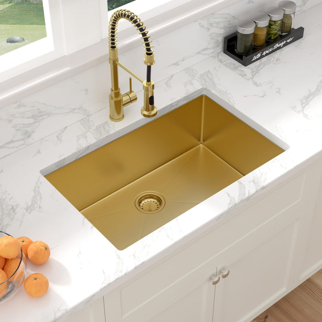 Gold Undermount Kitchen Sink - 28 Inch Kitchen Sink Undermount Gold Stainless Steel Single Bowl 28" x 19" Under-Mount