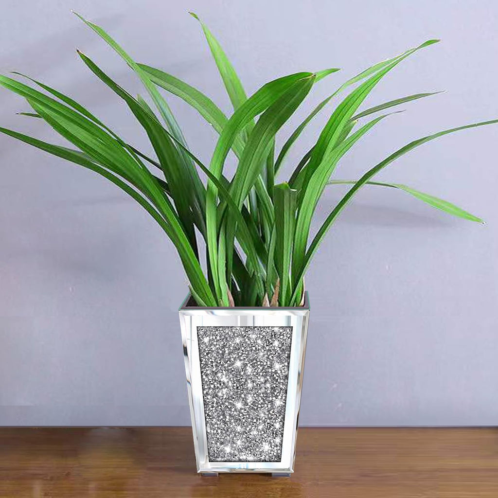 Crushed Diamond Mirrored Planter, Crystal Silver Glass Decorative Mirror Luxury Flower Pot, with Drainage Hole and