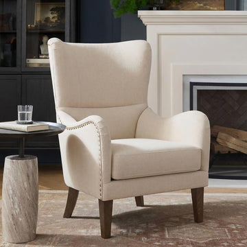 Modern Wingback Accent Chair, Linen Upholstered Armchair with Solid Ash Wood Legs and Nailhead Trim, High Back Living