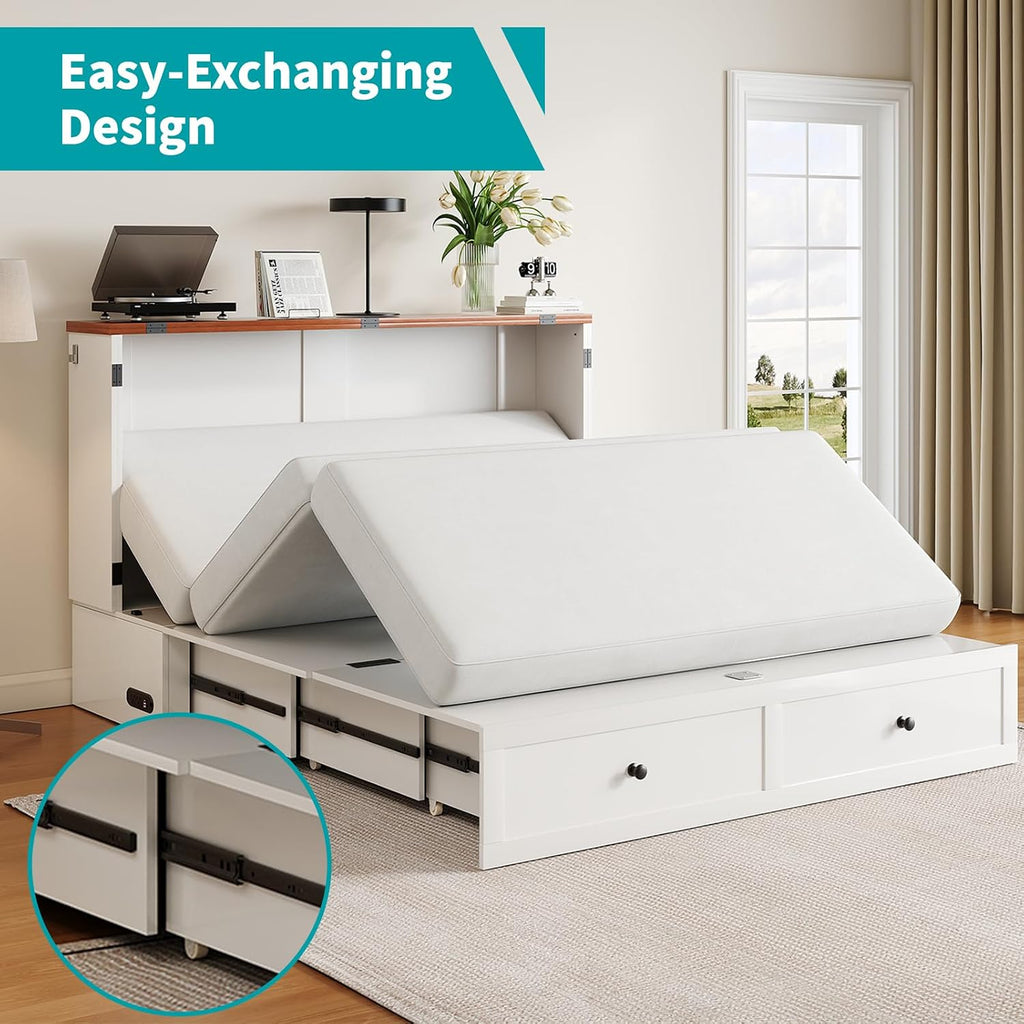 63.4" W Murphy Bed with Tri-Folding Mattress, Queen Murphy Bed with Built-in Charging Station, Queen Murphy Cabinet