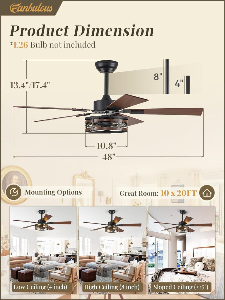 Farmhouse Ceiling Fans with Light, 48 Inch Bedroom Ceiling Fan with Lights, 6-Speed Adjustable
