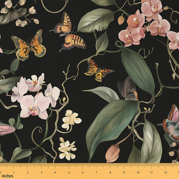Leaf Fabric By The Yard, Vintage Leaves & Botanical Flowers Print, Retro Floral Reupholstery Fabric, 1 Yard, Green &
