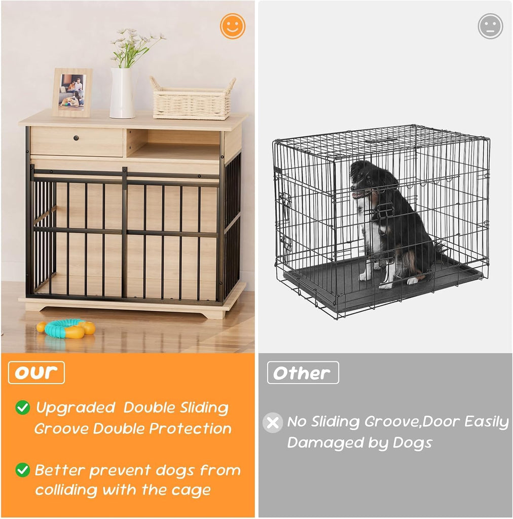35.5" Dog Crate Furniture, Dog Kennel Indoor with Wheels for Medium Small Dogs, Wooden Dog Crate End Table