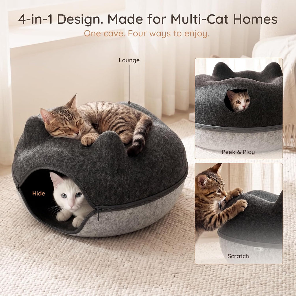 Large Felt Cat Cave, Cat Donut Tunnel Scratcher Bed (Grey)