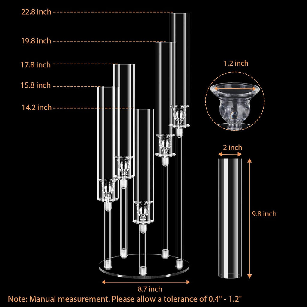 6 Sets 5 Arms Acrylic Candelabra Centerpieces for Tables,Clear Candle Holder,Ceremony Dinner Party, 22.8" Tall