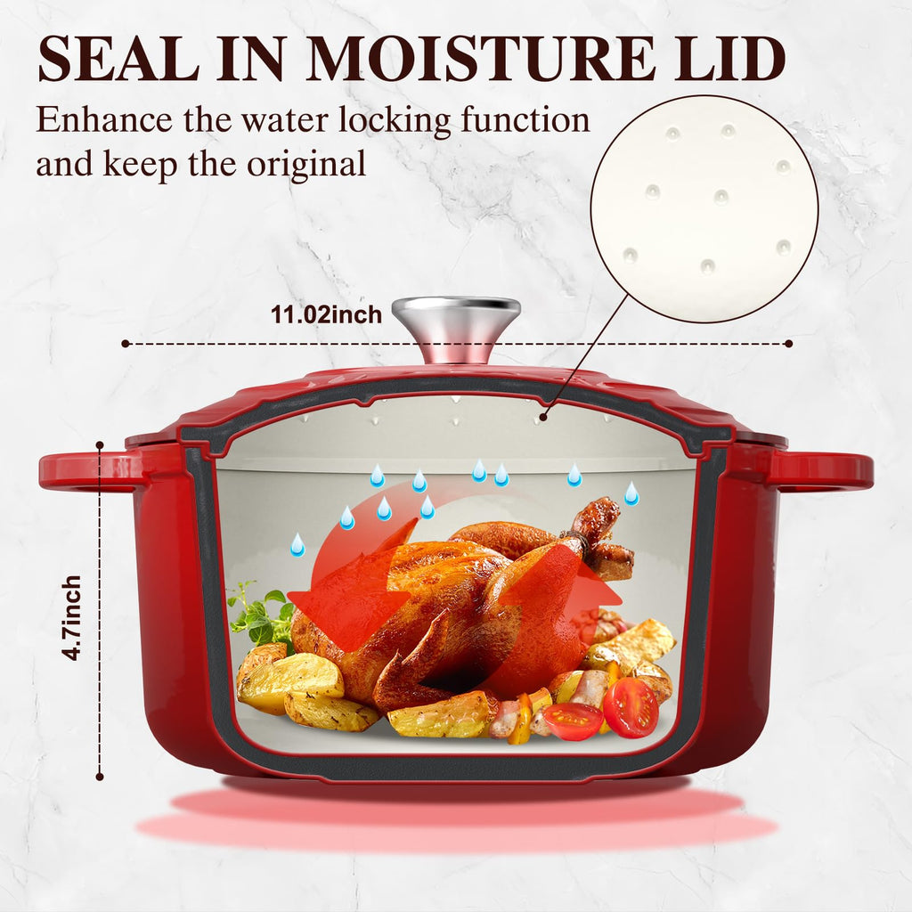 7QT Enameled Cast Iron Dutch Oven with Lid & Cotton Potholders-Heavy-Duty Cookware for Bread Baking, Braising, Stews
