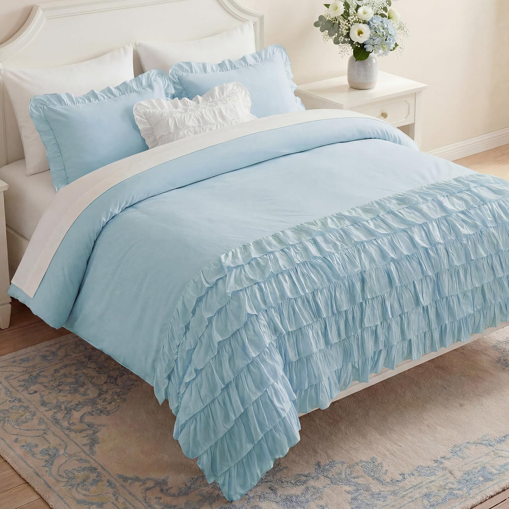 100% Cotton Duvet Cover Set Blue Ruffle Bedding Set Multi-Layers Ruffled Design Duvet Cover 3Pcs Soft Breathable