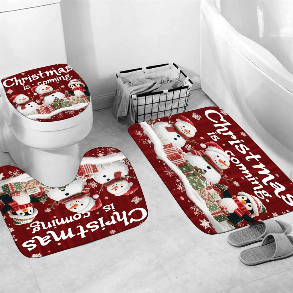 4Pcs Christmas Cute Snowman Set with Non-Slip Rug Toilet Lid Cover and Bath Mat with 12 Hooks Red Buffalo Check Plaid