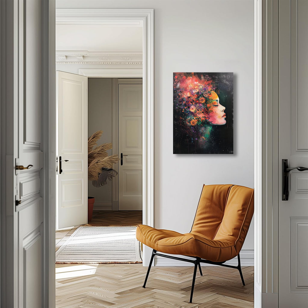 Framed Canvas Wall Art: Beautiful Woman With Colorful Flowers, Abstract Figure Canvas Decorative Painting, 16x24 Inch