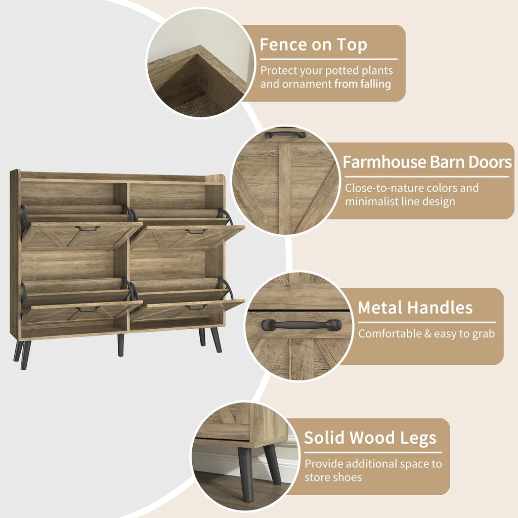 Farmhouse Shoe Cabinet Storage with 4 Flip Drawers, Rustic Oak丨Shoe Cabinet Slim, Freestanding Shoe Cabinet