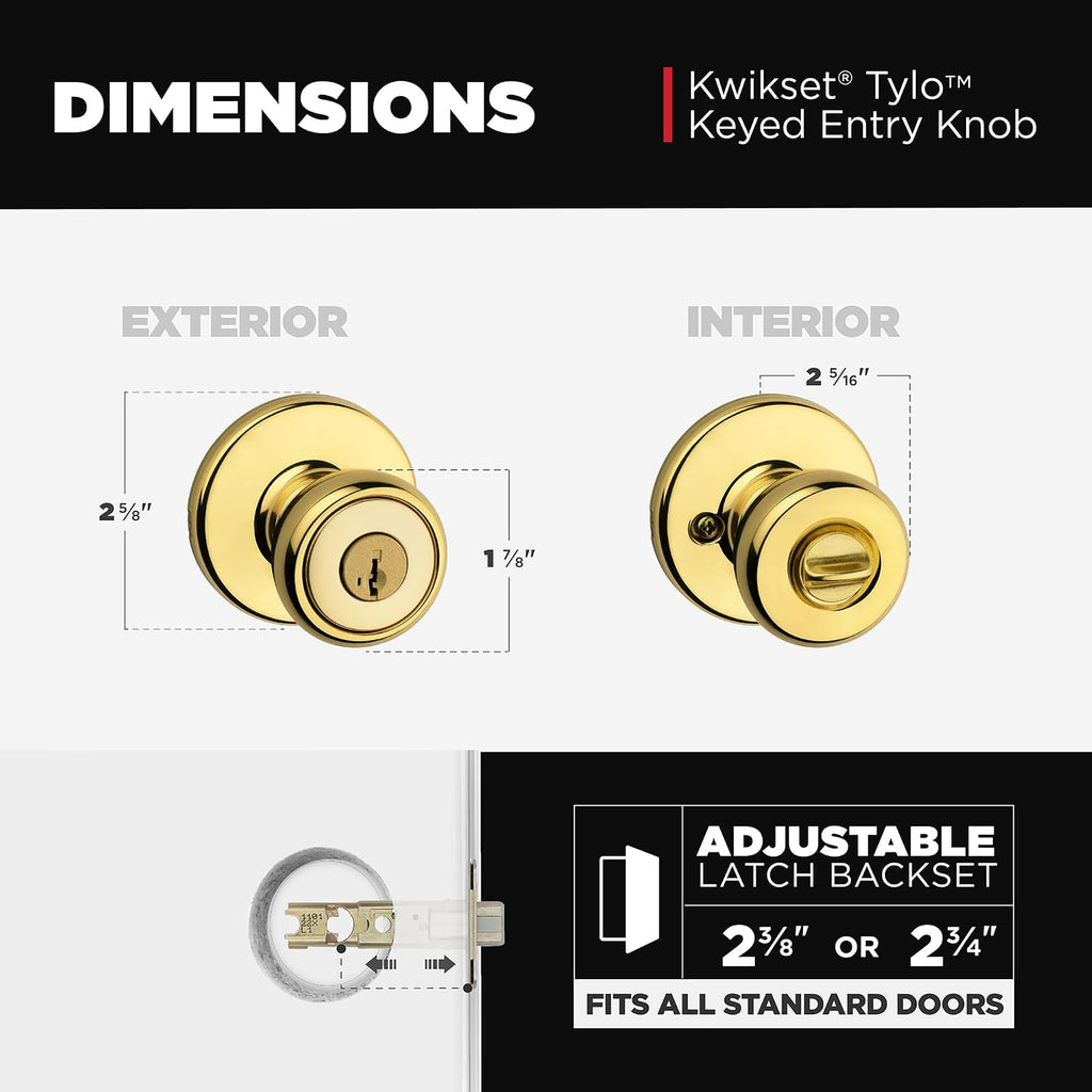 Tylo Entry Door Knob with Lock and Key, Secure Keyed Handle Exterior, Front Entrance and Bedroom, Polished Brass