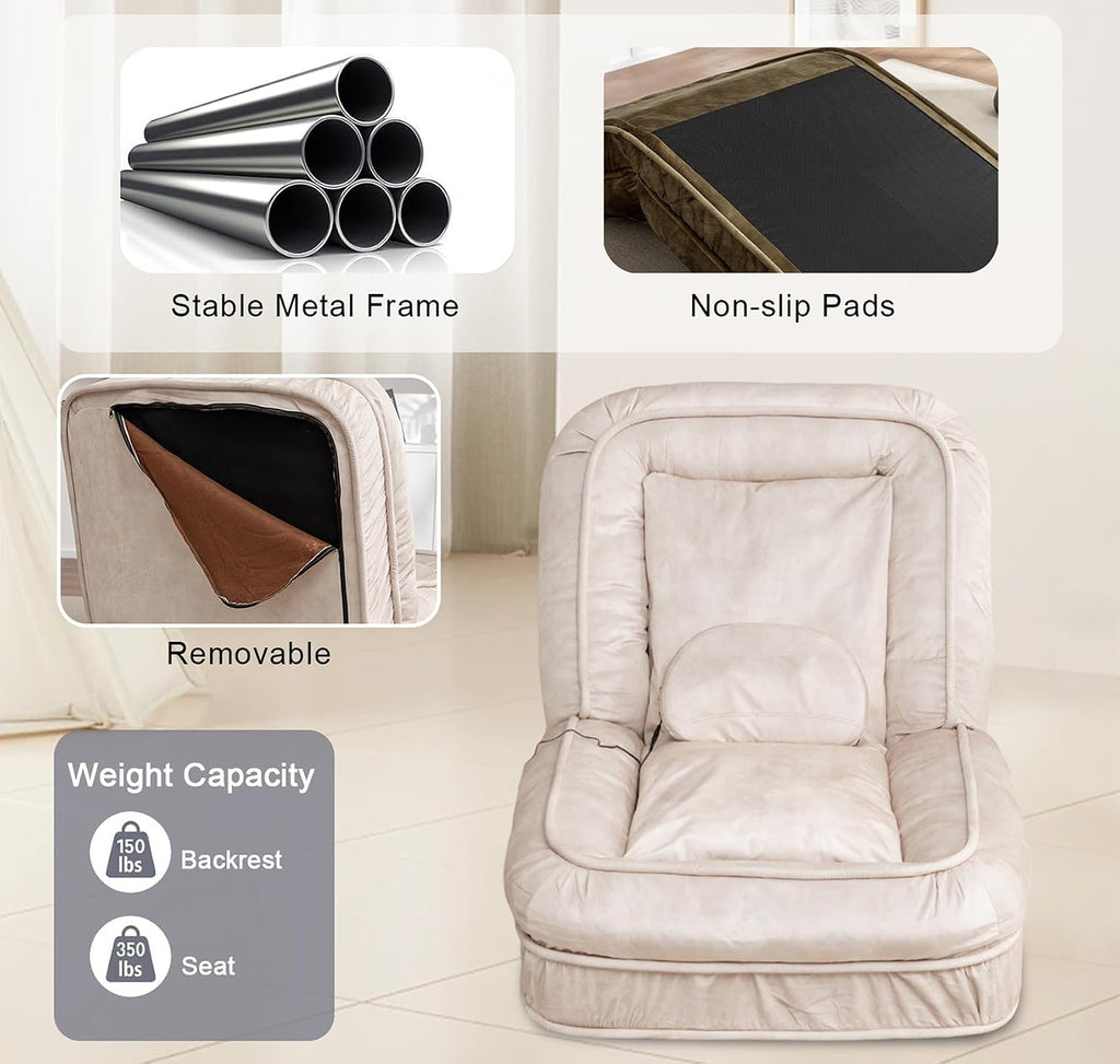 Upholstered Human Dog Bed, Bean Bag Floor Bed with 5 Position Adjustable Backrest, Sleeper Sofa with Massage Pillow