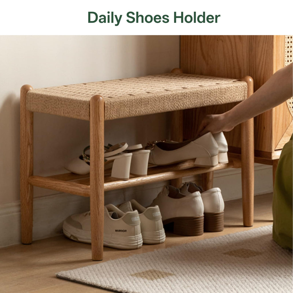 Solid Wood Shoe Bench, Woven Entryway Bench for Small Spaces