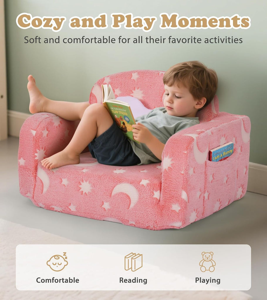 Kids Couch, in-1 Soft Toddler Couch Fold Out with Blanket and Cloud Pillow, Glow in The Dark, Convertible Sofa
