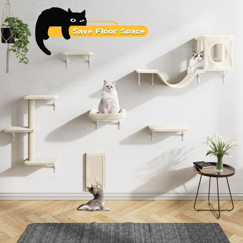 Cat Wall Shelves, 6 Pcs Luxury Wall-Mounted Cat Climber Set, Beige