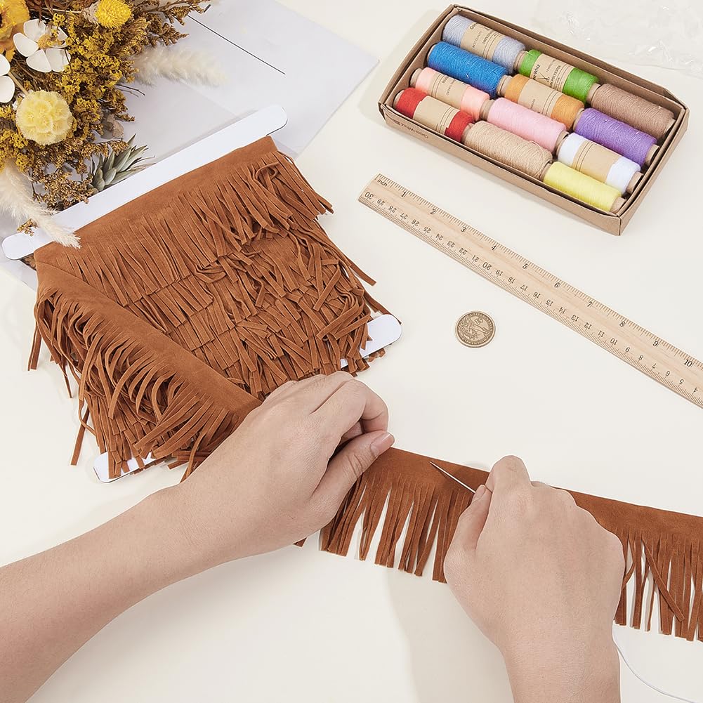Leather Suede Fringe Trim 3 Inch Double Side Leather Sewing Tassel Fringe Camel Decoration for DIY Craft - 5.5 Yards