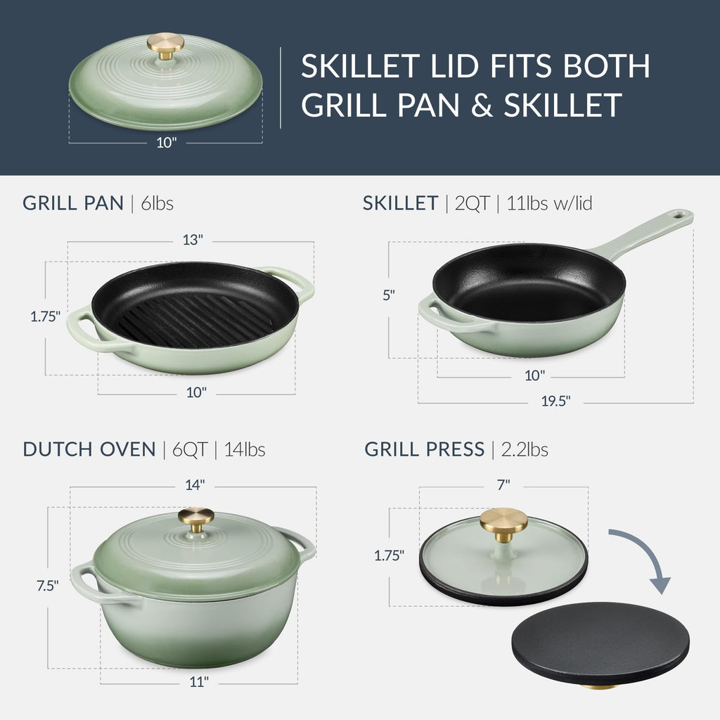 6-Piece Cast Iron Cookware Set, Ceramic Coated 6Qt Dutch Oven, 2Qt Skillet W/Lid, 10" Grill Pan W/Press, Non-toxic