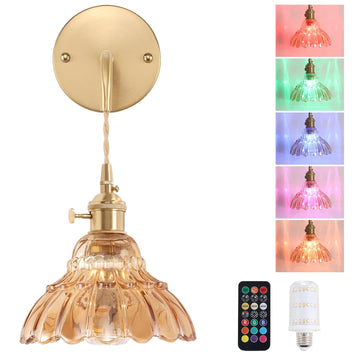Battery Operated Wall Sconce Wall Lamp with Amber Lily of the Valley Shade Pattern Glass Adjustable Chain Retro Gold
