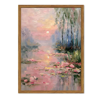 Framed Vintage Monet Canvas Wall Art, Pink Water Lilies Floral Pictures Wall Decor, Impressionist Sunset Landscape