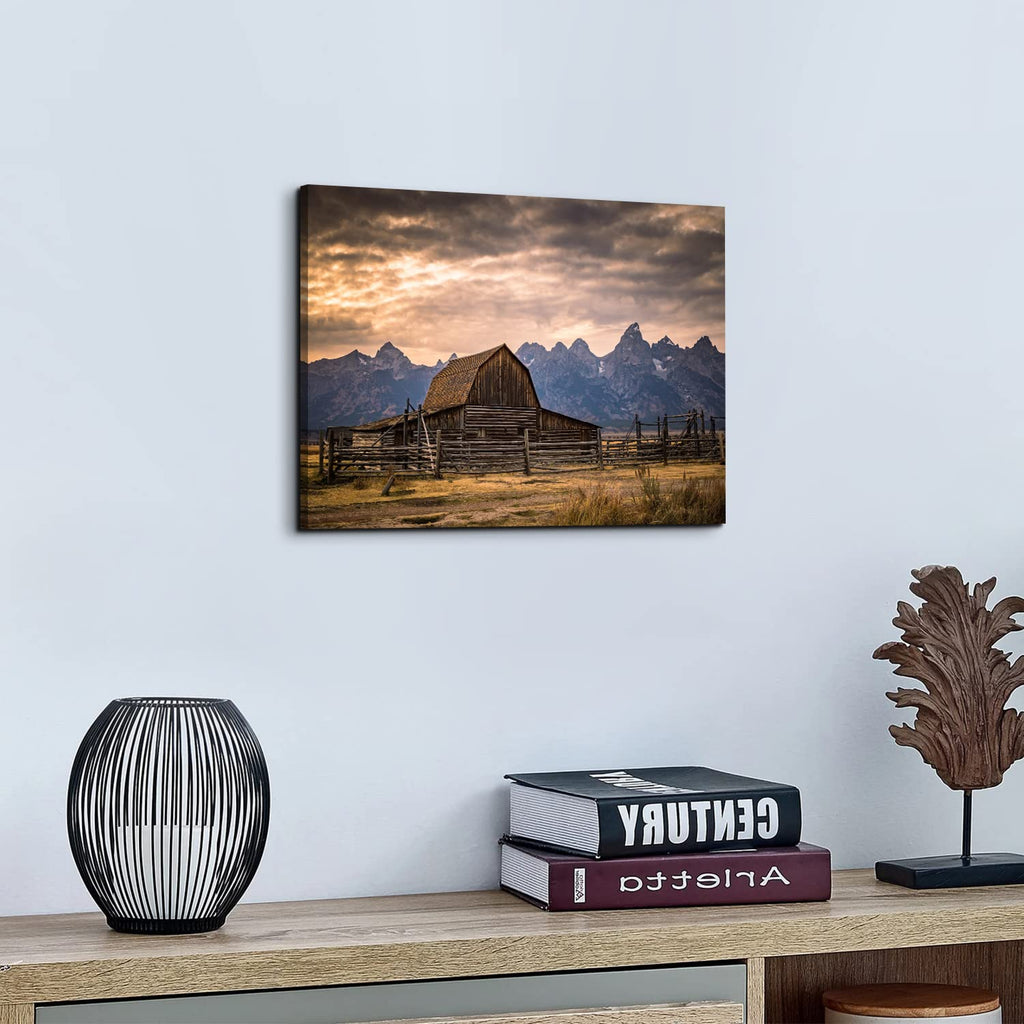 Grand Teton National Park Canvas Wall Art Sunset Moulton Barn Landscape Wall Decor, Wyoming Nature Mountains Scenery