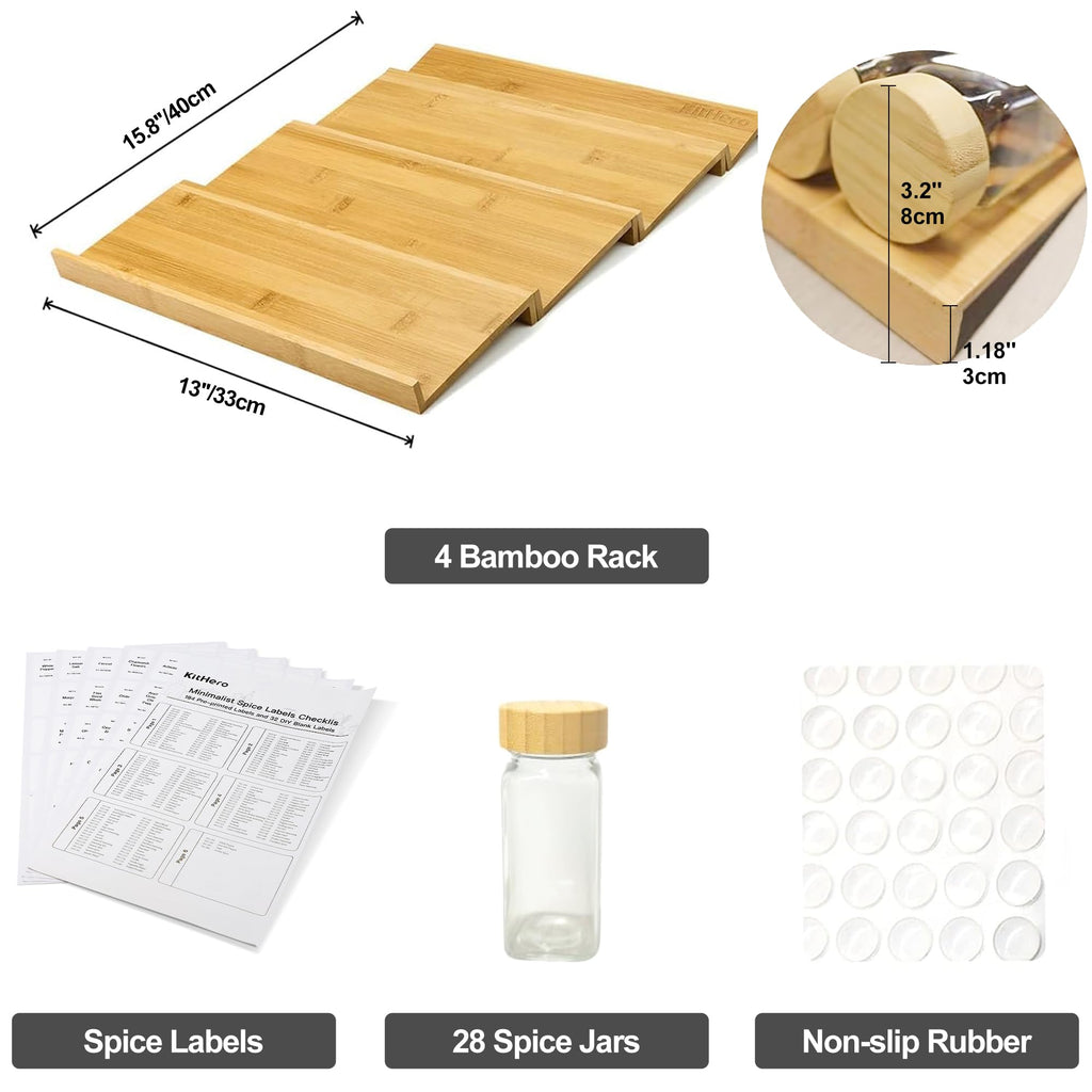 Spice Drawer Organizer with 28 Bamboo-lidded Spice Jars and 216 Labels,Non-slip Rubber, Bamboo 4 Tier Spice Racks