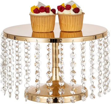 Cake Stand for Dessert Table 10 Inch Gold Crystal Pendants Metal Cake Stand Serves as A Round Dessert Cupcake Display