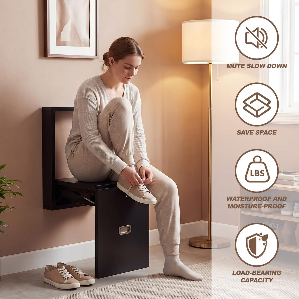 1 Pcs Wall Mounted Folding Chair, Modern Entryway Shoe Changing Stool, 330lbs Capacity, Extra-Wide Seat, Invisible