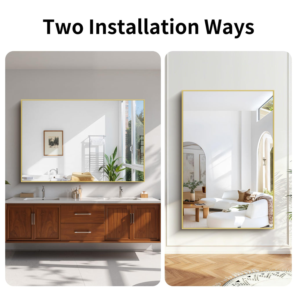 Large Gold Bathroom Mirror, 60x40 Inch Rectangular Mirror Sink, Oversized Wall Mirror with Metal Gold Frame