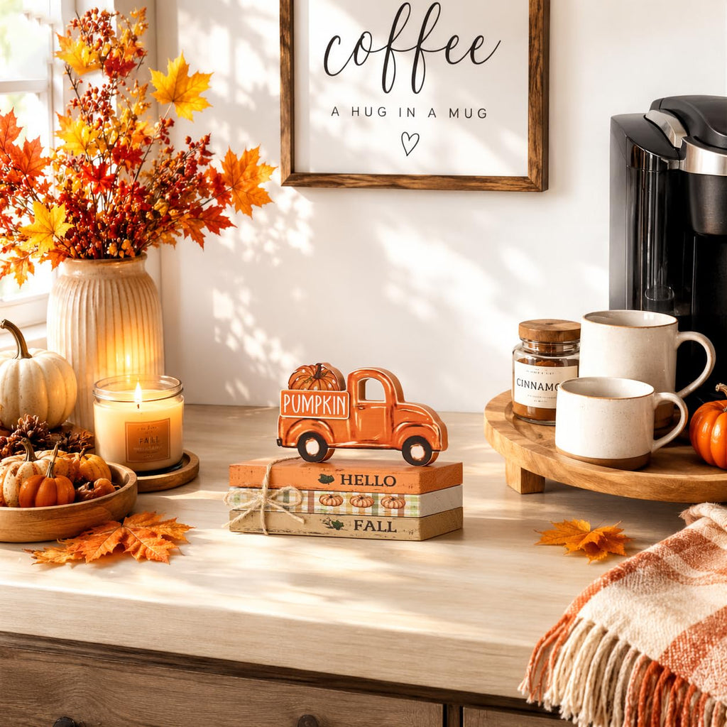 Smile Fall Wooden Decor Signs, Truck Pumpkin HELLO FALL PUMPKIN Tiered Tray Tabletop Signs for Autumn Harvest