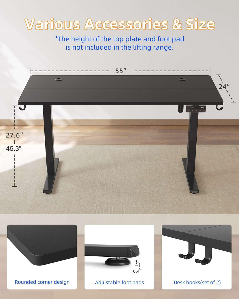 Electric Standing Desk, 55 x 24 Inches Stand Up Desk with Splice Board, Adjustable Height Desk, Computer Desk, Black