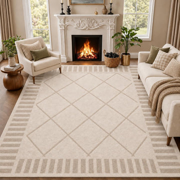 8x10 Washable Area Rug, Non-Slip Diamond Trellis, Ivory Taupe