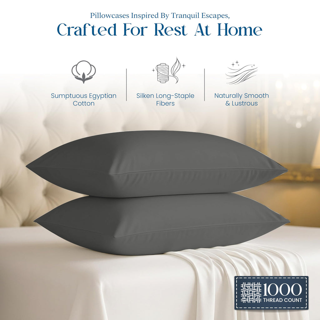 Pillowcases Set of 2 100% Egyptian Cotton Queen (Dark Grey)