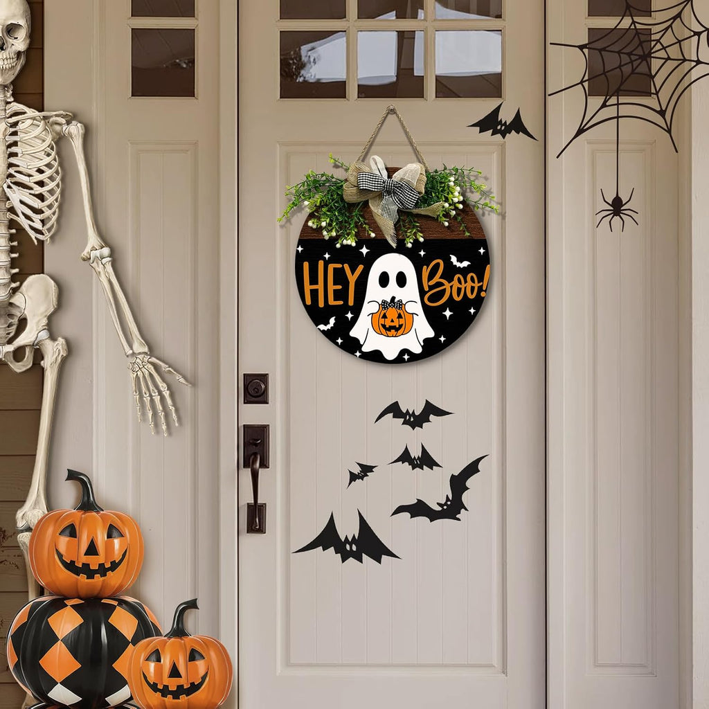 Halloween Hey Boo Door Sign Outdoor Decor Ghost Pumpkin Door Wreath Front Door Hanger Holiday Wooden Signs Outdoor
