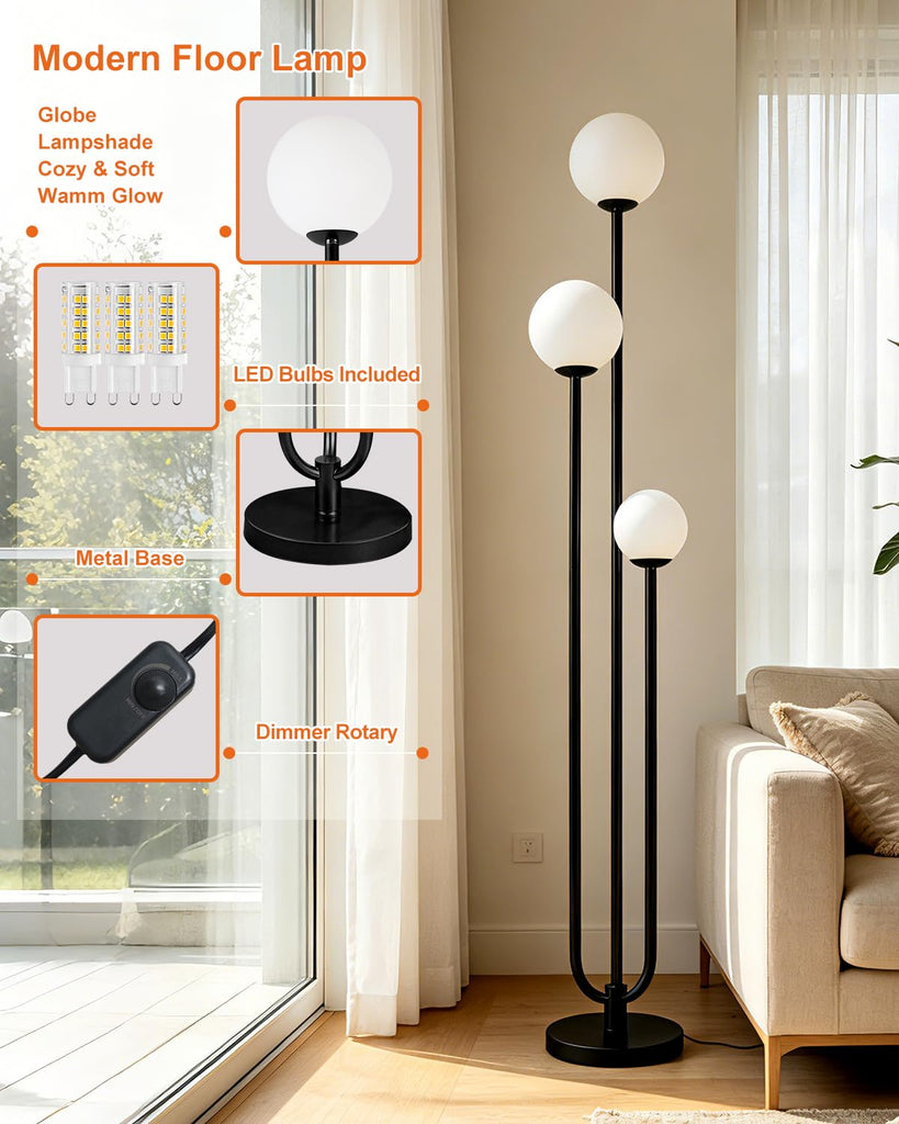 63IN Black Floor Lamp Dimmable with Mid Century Standing Lamps, 3000K Warm White Bulbs Included, Modern Globe Floor