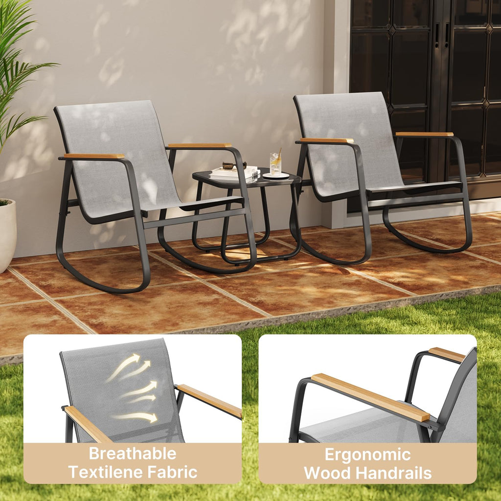 3 Piece Patio Bistro Set, Textilene Rocking Chairs for Porch, Gray