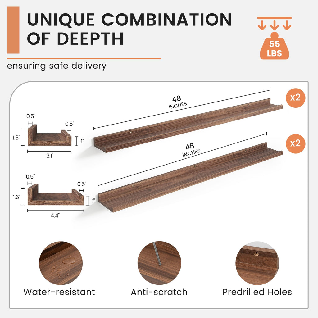 Floating Picture Ledge Shelves for Wall Set of 4, 48" W, Walnut