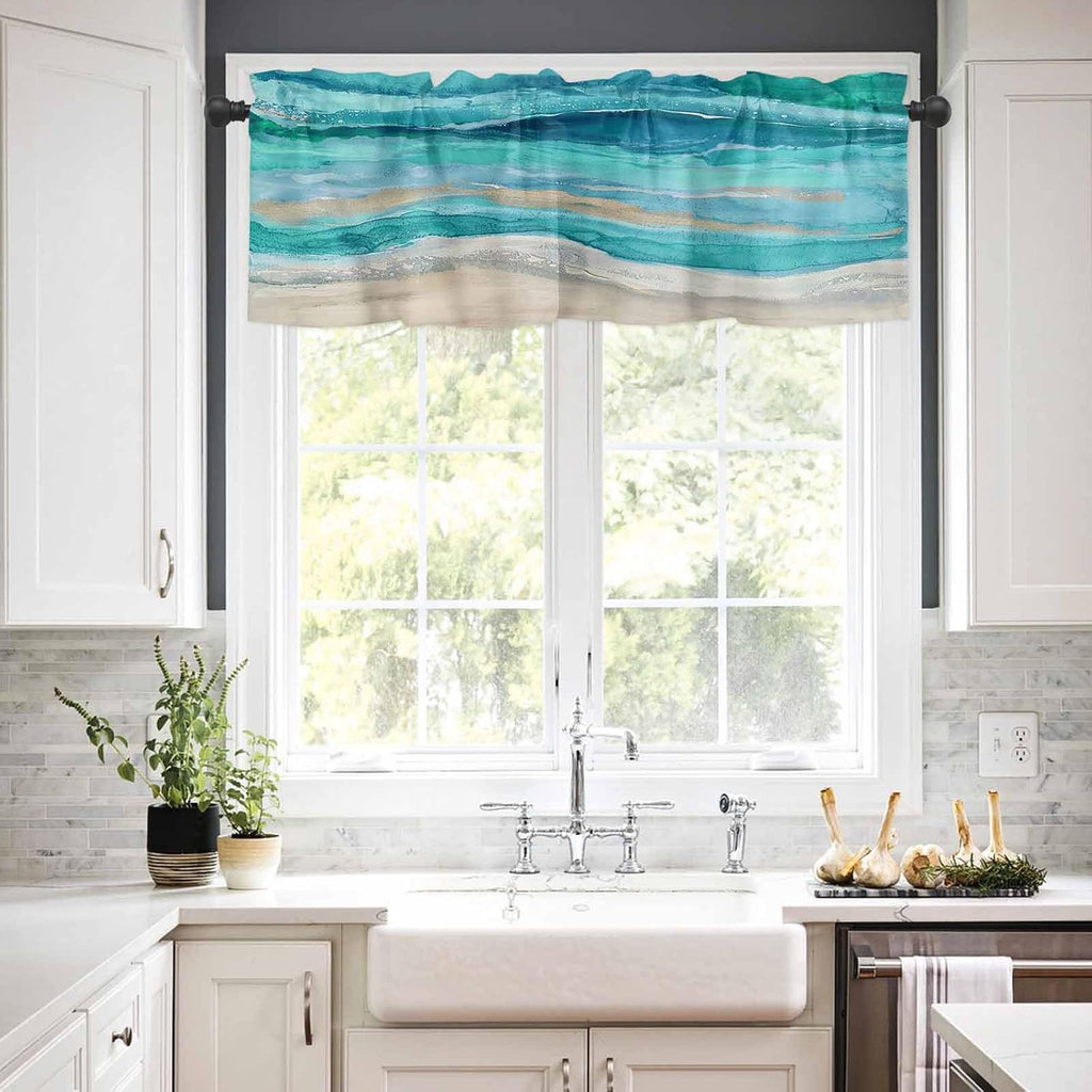 Coastal Beach Curtains - Teal Blue Kitchen Bathroom Window Treatment - Abstract Blue Wave Bedroom Living Room 42"x18"