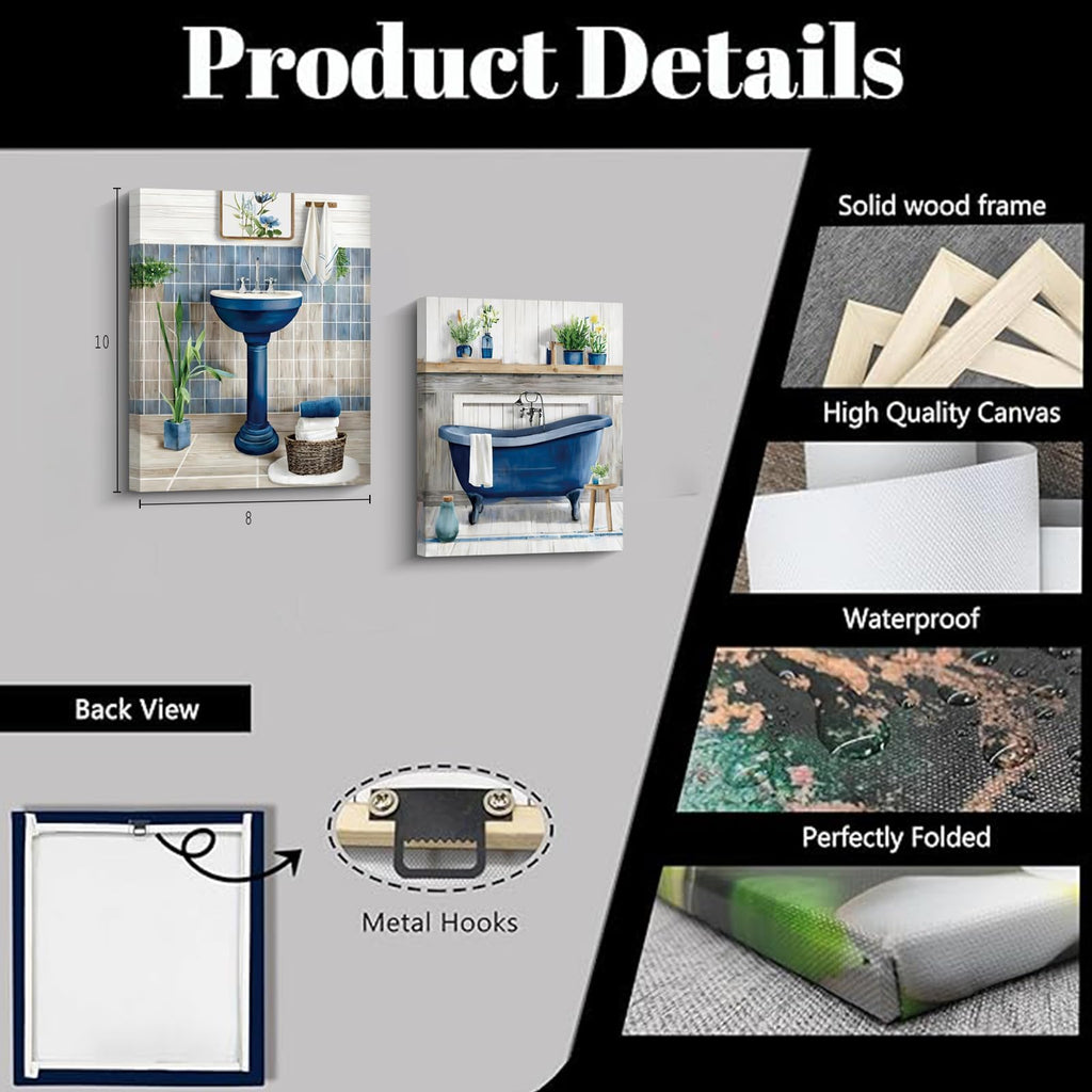 Framed Navy Blue Bathroom Wall Art, Bathroom Pictures Wall Decor Blue 4 Set
