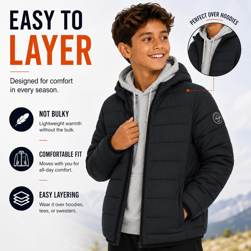 Packable Puffer Jackets for Boys, Hooded Boys Winter Coat Outerwear