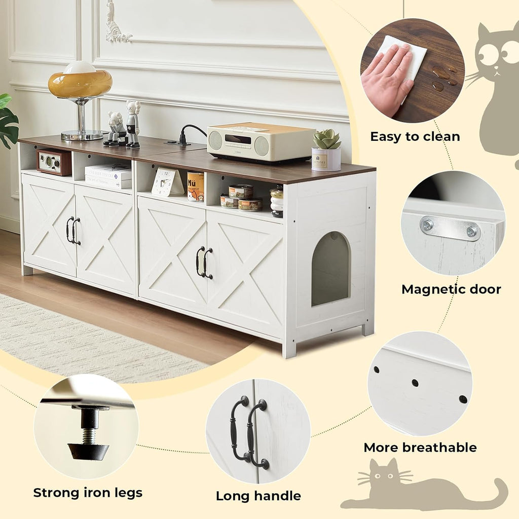 63" Double Cat Litter Box Enclosure for 2 Cats, Hidden Wooden Litter Box Furniture with Power Outlet