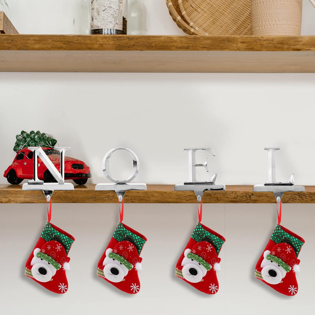 Set of 4 Christmas Stocking Holders Noel Metal Stocking Hangers Mantel Hook Hangers Fireplace Stocking Hooks for