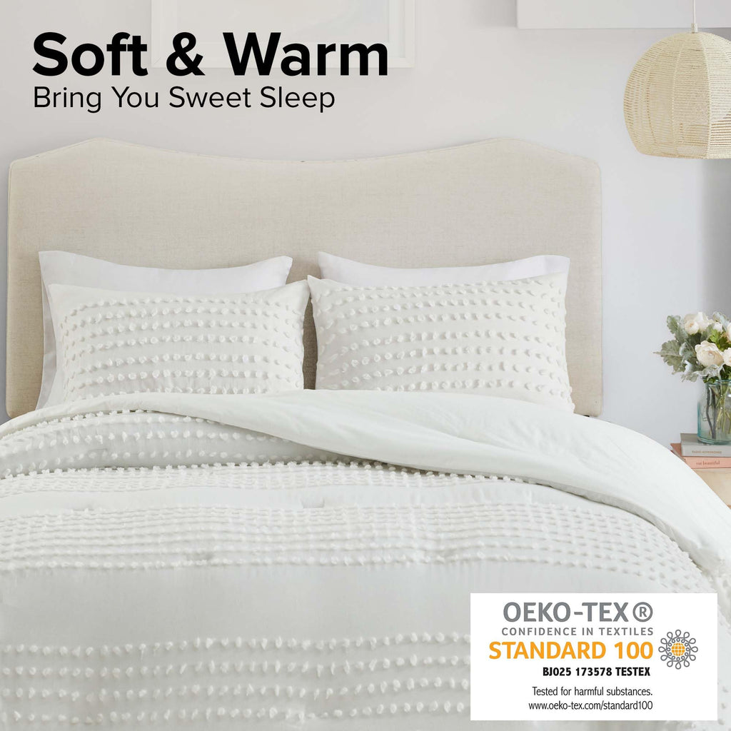 Cotton Comforter Set Jacquard Pom-Pom Tufts Design, Down Alternative, All Season Modern Bedding, Matching Shams