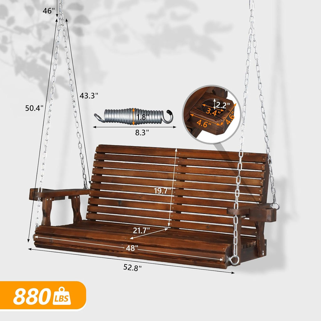 XL 4 FT Pro Wooden Porch Swing with Cup Holders, 880 LBS, Rustic | Heavy-Duty Wood Frame; 880-Lb Capacity; Cup