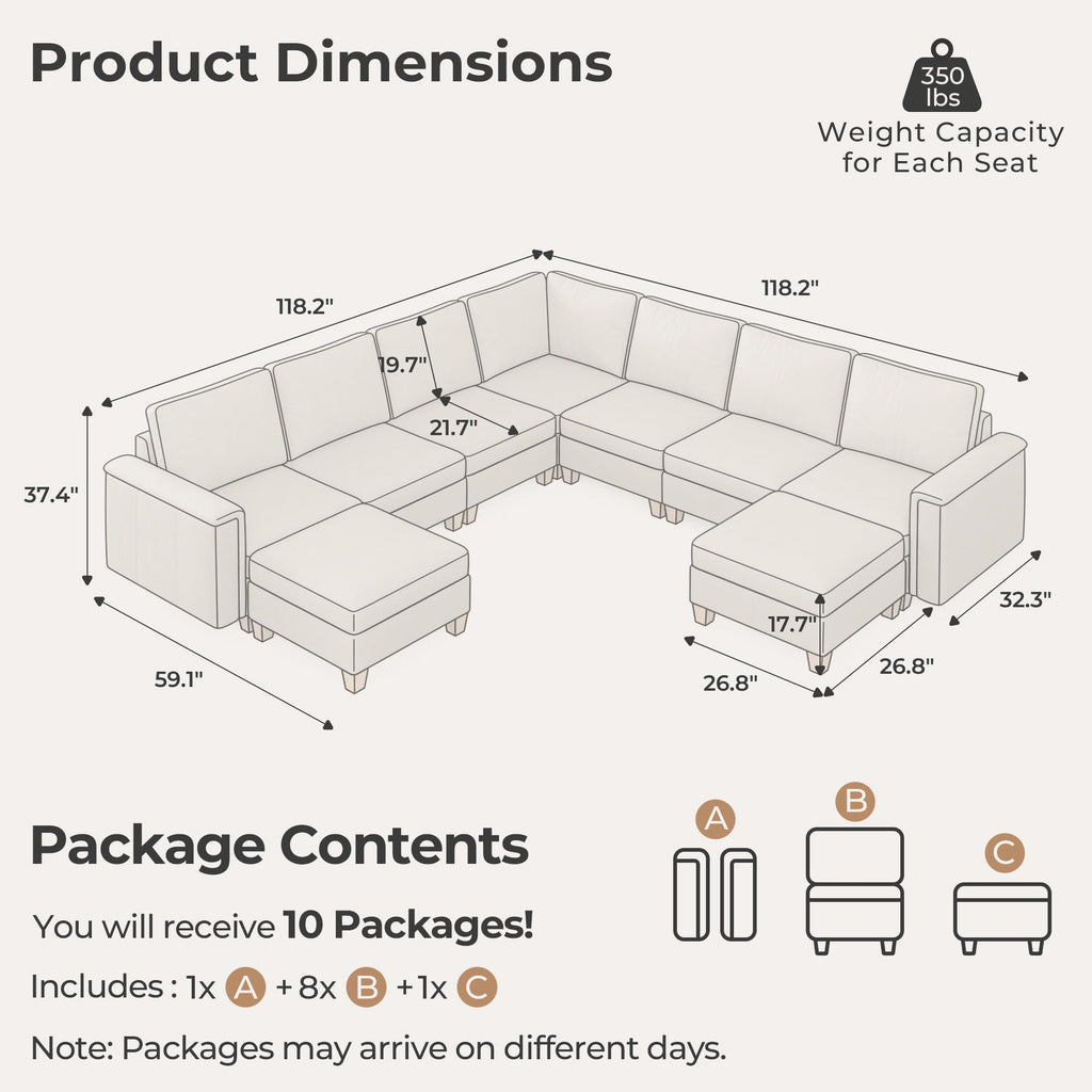 Faux Leather Sectional Sofa, 7 Seater V-Shaped Couch, Greige