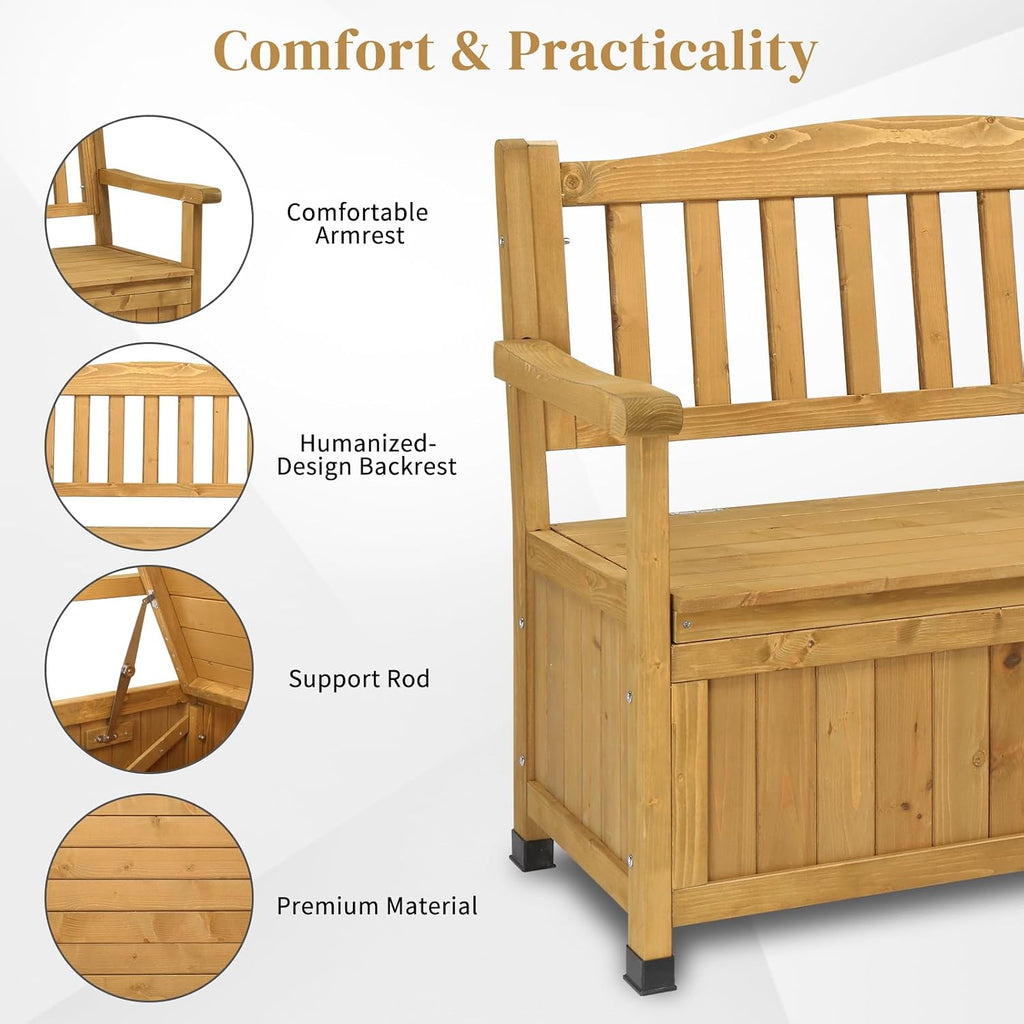 Outdoor Wooden Storage Bench, Large Deck Box with Seating & Armrest, Patio Organizer Loveseat for Garden Porch