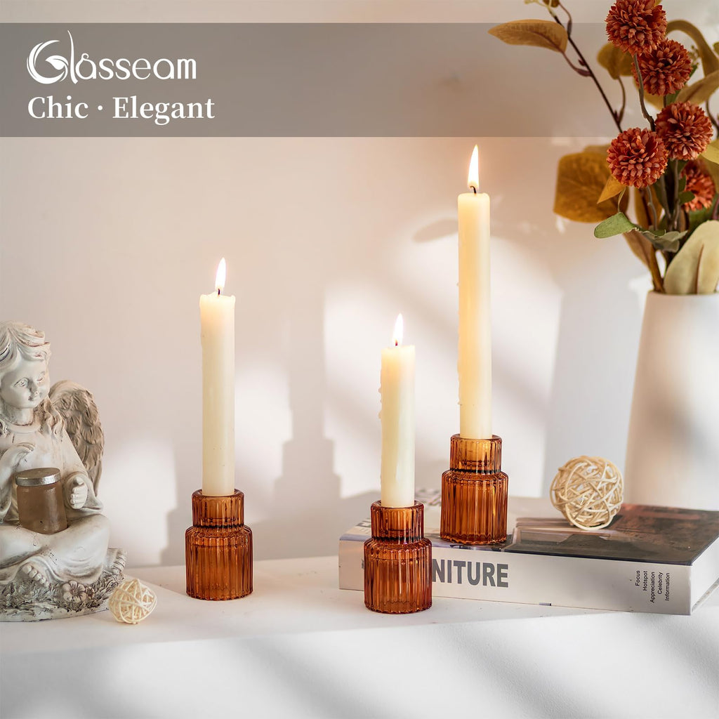 Glass Tapered Candlestick Holders: 10 Pcs Amber Fall Table Decor
