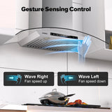 30 Inch Stainless Steel Wall Mount Range Hood 900 CFM Gesture & Touch Control Convertible Ducted/Ductless