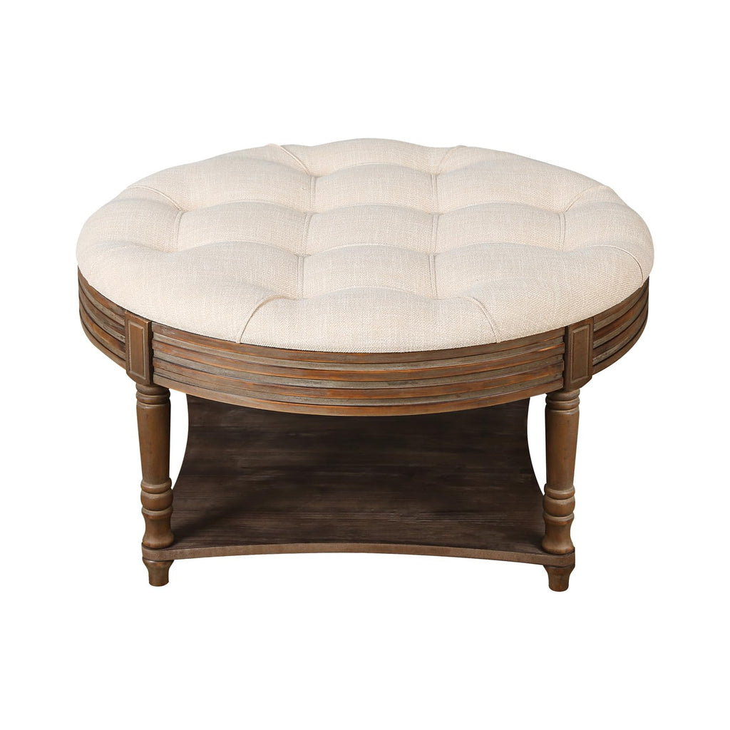 31.5in Farmhouse Round Ottoman Coffee Tables Office, Tufted Upholstered Linen Ottoman Centre Table with Storage Shelf