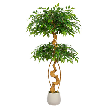 Artificial Ficus Tree with White Planter, 5ft Tall Fake Silk Plant Indoor, Lifelike Faux Tree with Yellow Curved