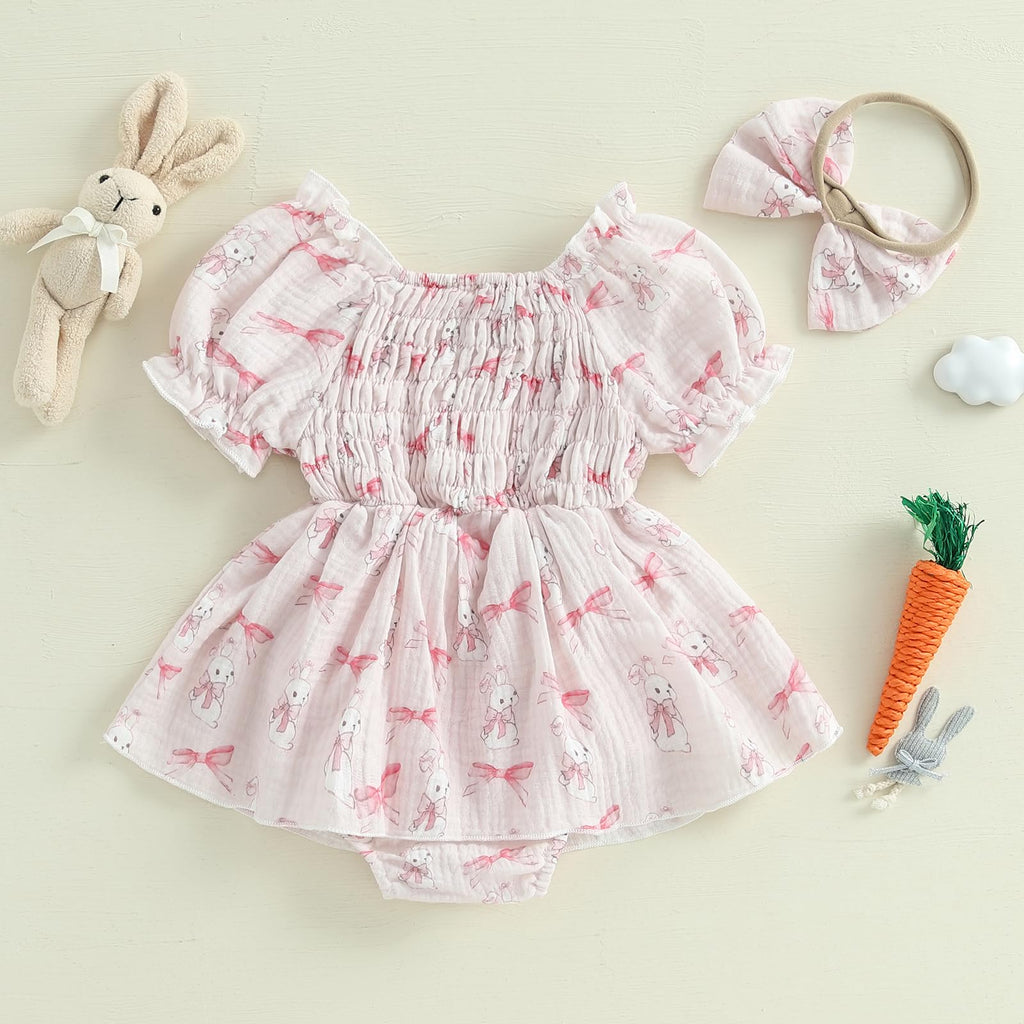 Newborn Baby Girl Easter Outfit Smocked Bunny/Carrot Romper Cotton Linen Bodysuit Headband Summer Clothes